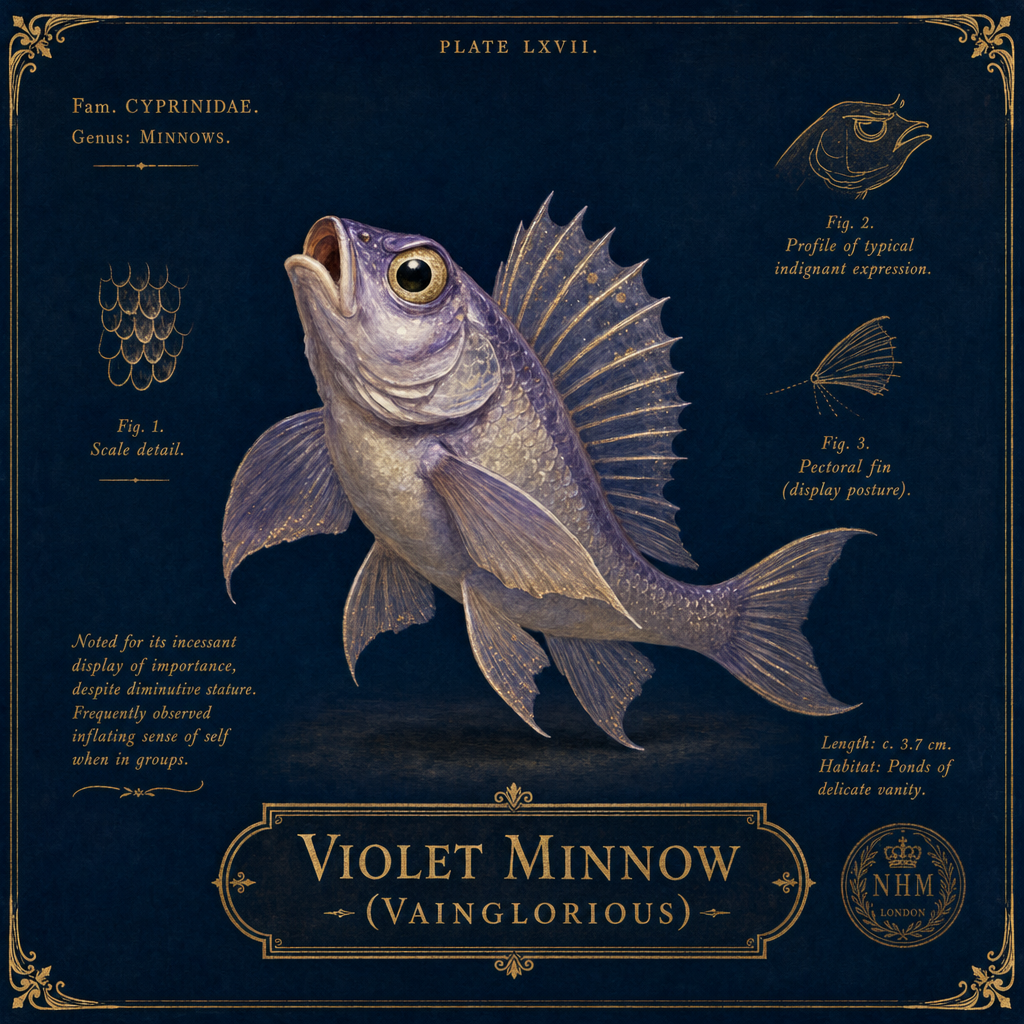 museum plate: a small violet minnow with an indignant expression, fins flared, trying to look enormous